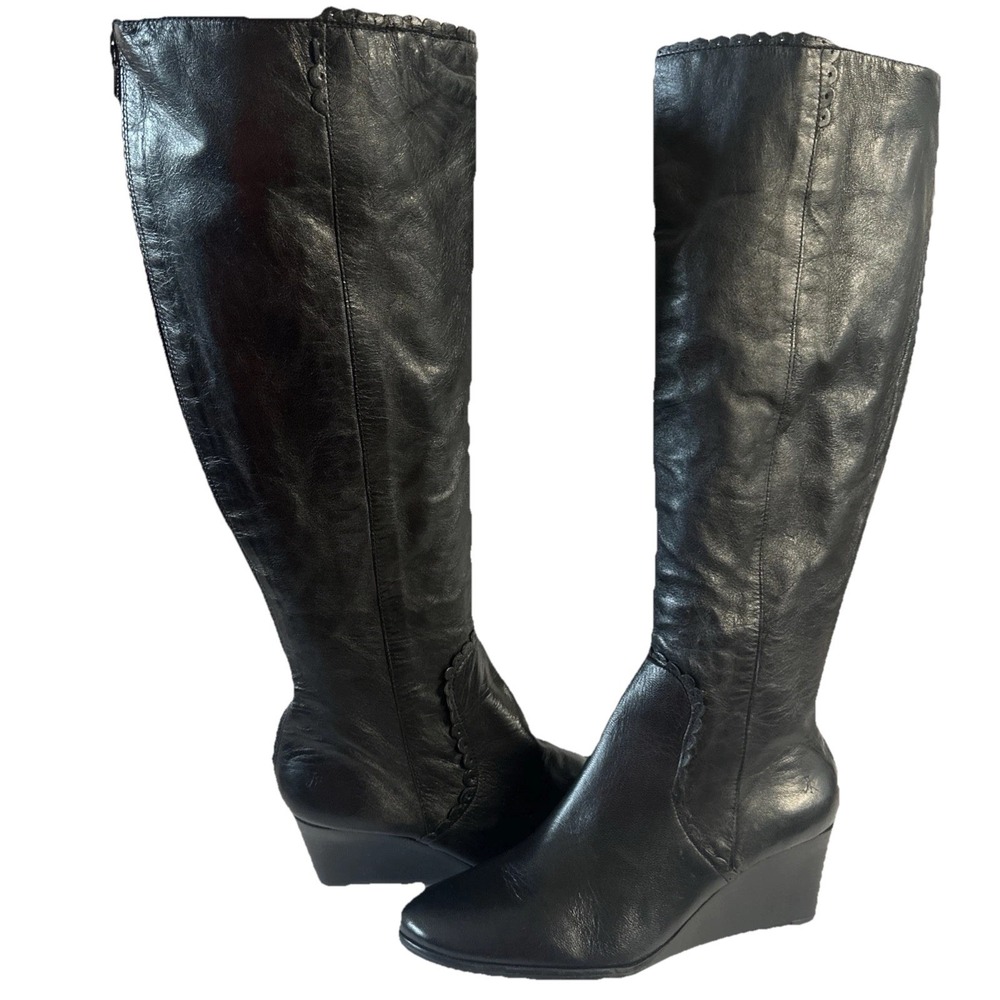 Jack Rogers Black Leather Wedge Comfy Scalloped Trim Knee Hi Boots Sz 6